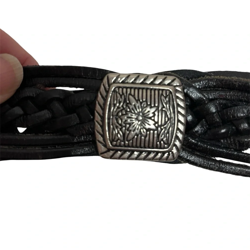 Black Braided Leather Western Belt Silver Accents Size Small